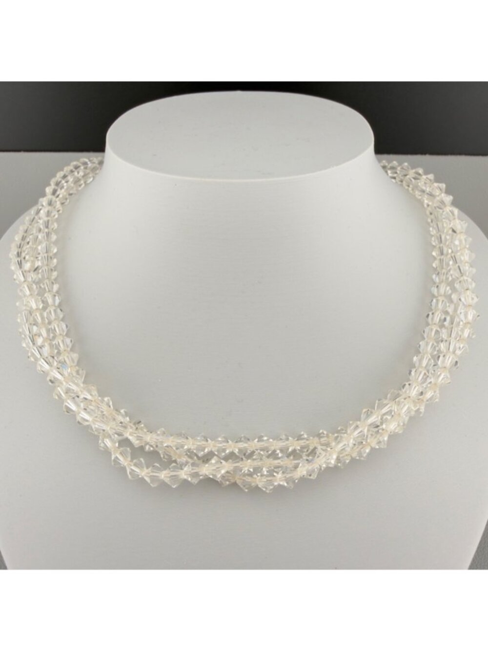 Vintage CINER Triple Strand Bicone Cut Clear Faceted Glass Choker Necklace 16"